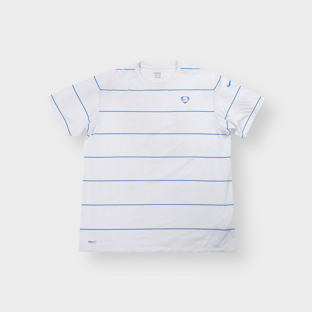 Nike T-Shirt in white and blue featuring horizontal pinstripes and chest logo