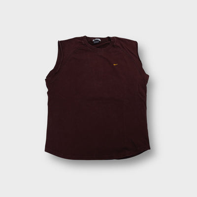 Nike vest in brown featuring a small embroidered yellow swoosh logo on the chest