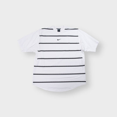 Nike shirt in white and black with horizontal stripes and embroidered swoosh
