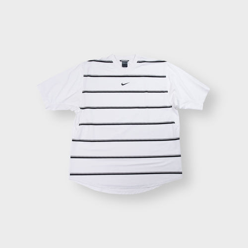 Nike shirt in white and black with horizontal stripes and embroidered swoosh