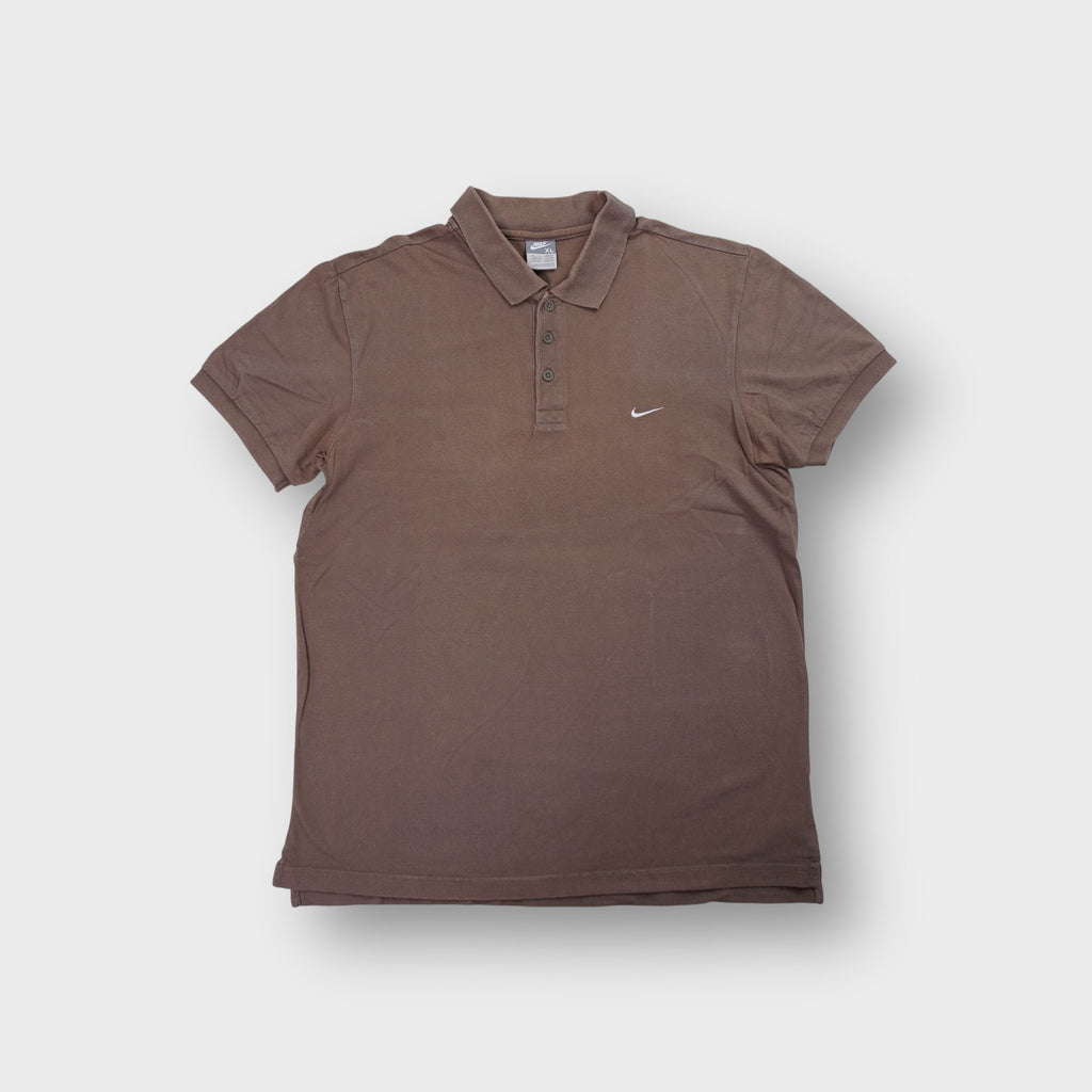 Nike brown short sleeve polo shirt with small white embroidered swoosh logo