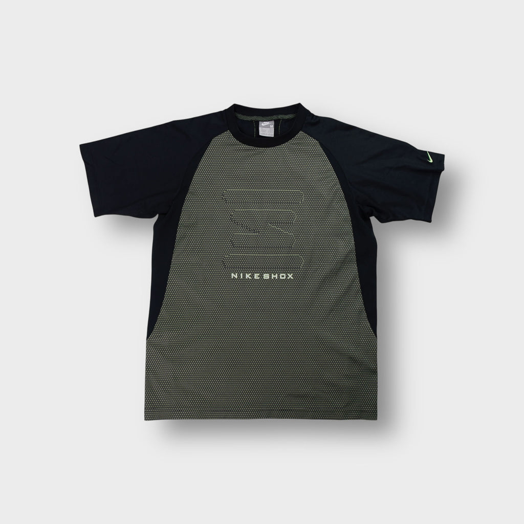 Nike Shox T-Shirt in black and olive with a geometric chest print and raglan sleeves