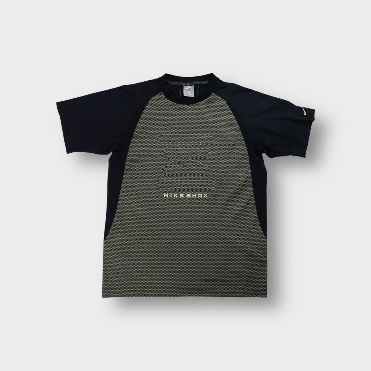 Nike Shox T-Shirt in black and olive with a geometric chest print and raglan sleeves