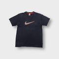 Black Nike T-Shirt with a grey swoosh print outlined in orange on the chest.
