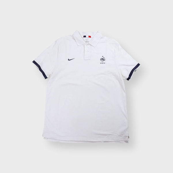 Nike white France polo shirt with embroidered FFF rooster logo and navy cuffs