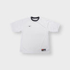 Nike jersey in white featuring a black striped crew neck collar and embroidered chest logo