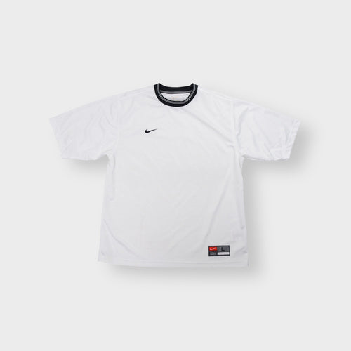Nike jersey in white featuring a black striped crew neck collar and embroidered chest logo