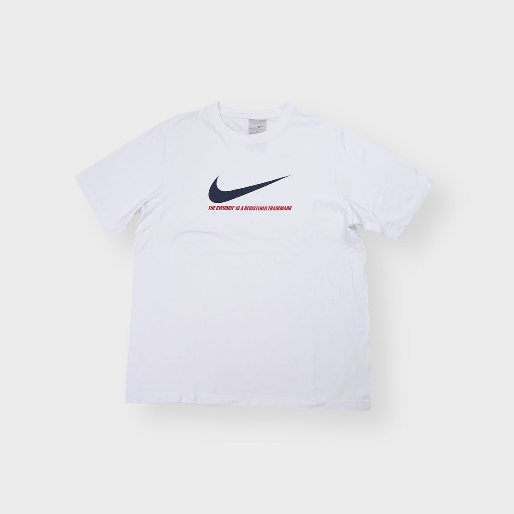 Nike white crew-neck T-Shirt with a navy swoosh logo and red printed graphic text