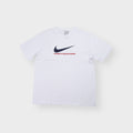 Nike white crew-neck T-Shirt with a navy swoosh logo and red printed graphic text