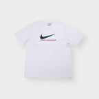 Nike white crew-neck T-Shirt with a navy swoosh logo and red printed graphic text