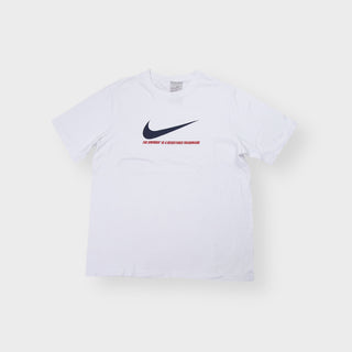 Nike white crew-neck T-Shirt with a navy swoosh logo and red printed graphic text