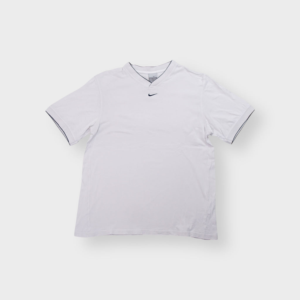 White Nike T-Shirt with centered swoosh embroidery and navy tipped V-neck collar