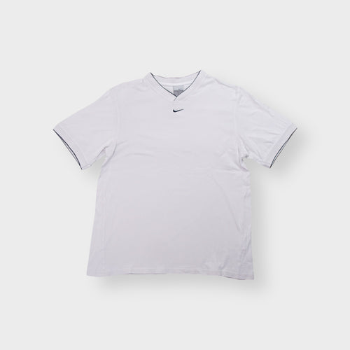 White Nike T-Shirt with centered swoosh embroidery and navy tipped V-neck collar