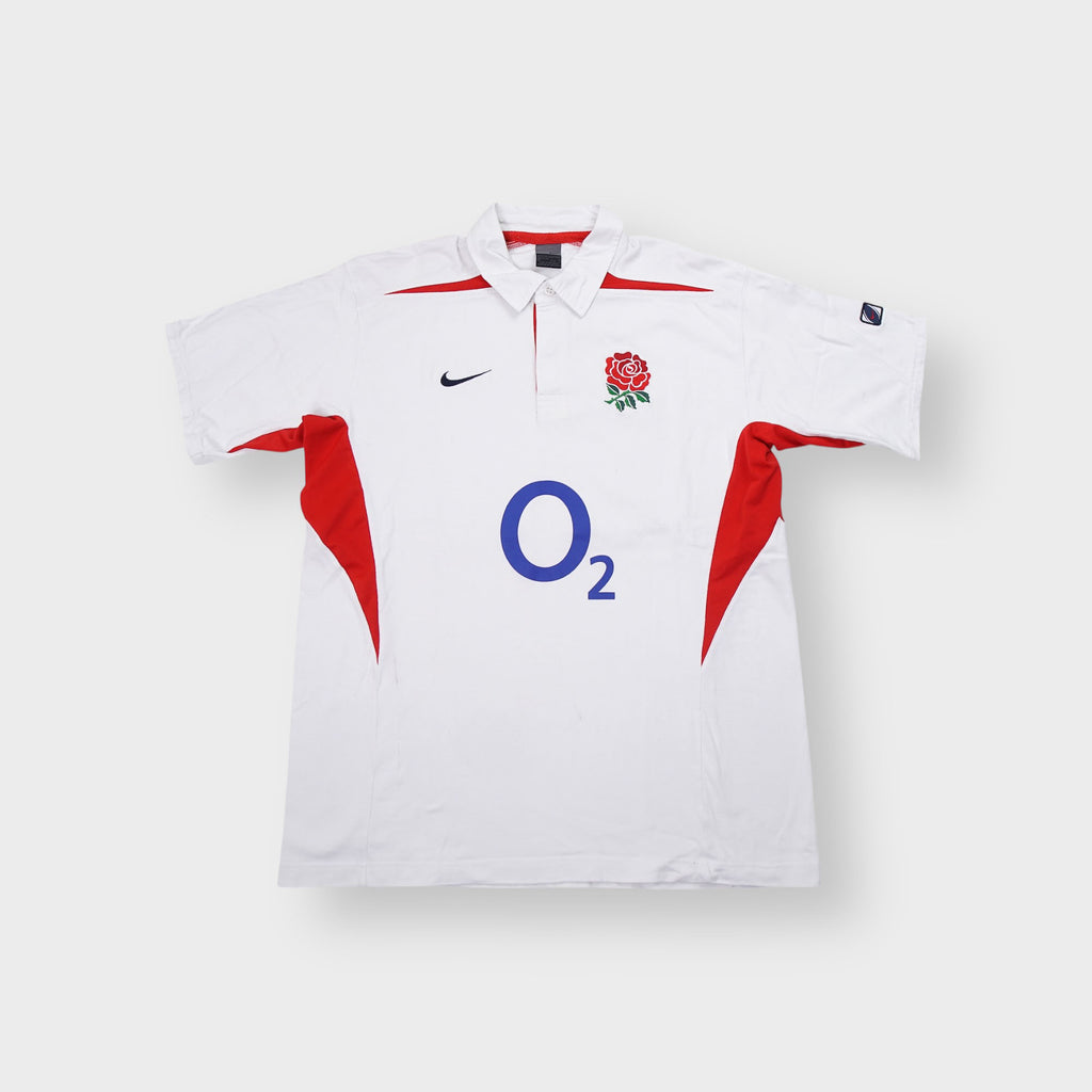 White and red Nike England Rugby shirt with embroidered rose crest and O2 print