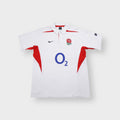 White and red Nike England Rugby shirt with embroidered rose crest and O2 print