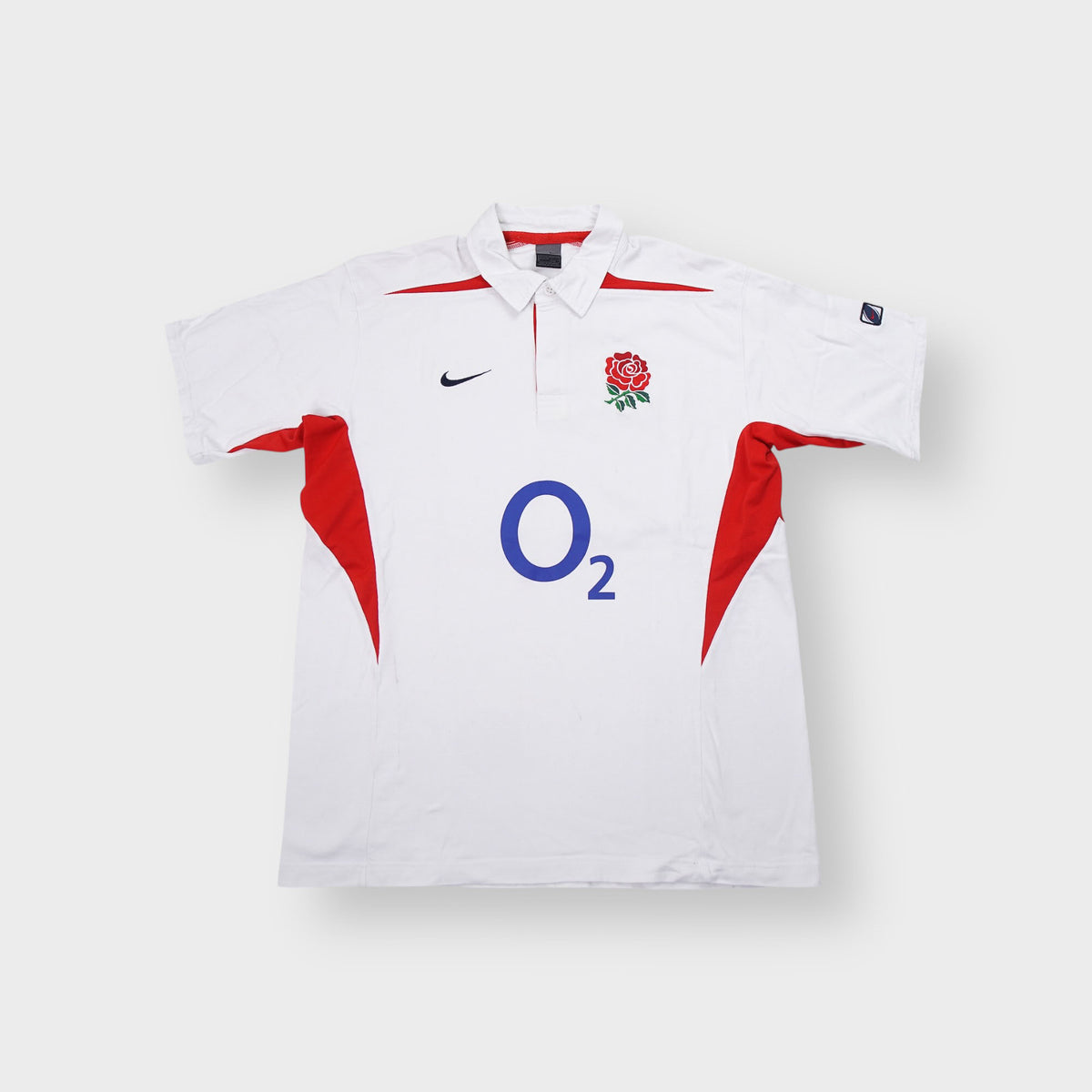 White and red Nike England Rugby shirt with embroidered rose crest and O2 print