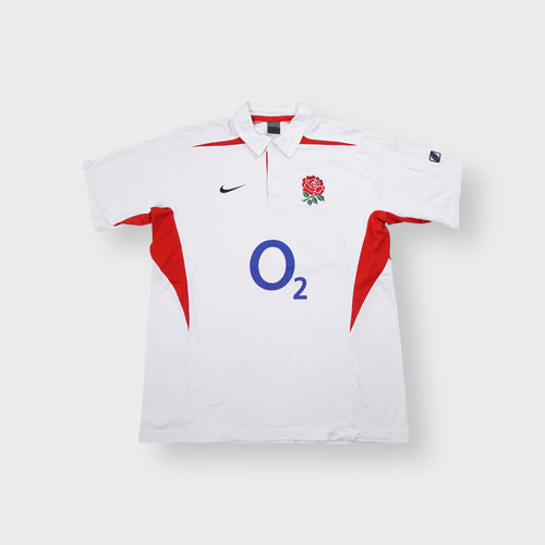 White and red Nike England Rugby shirt with embroidered rose crest and O2 print