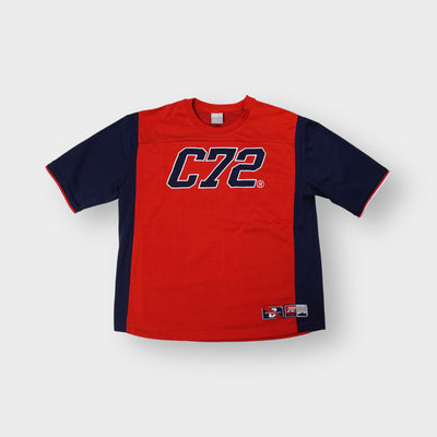 Nike red and navy mesh performance shirt with a large C72 chest graphic and hem jock tag