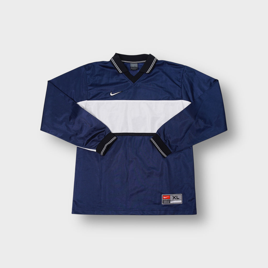 Nike long-sleeve jersey in navy blue with white chest panel and striped collar