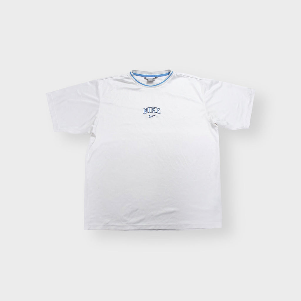 Nike T-Shirt in white featuring blue embroidered central text and swoosh chest logo.
