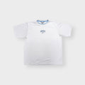 Nike T-Shirt in white featuring blue embroidered central text and swoosh chest logo.