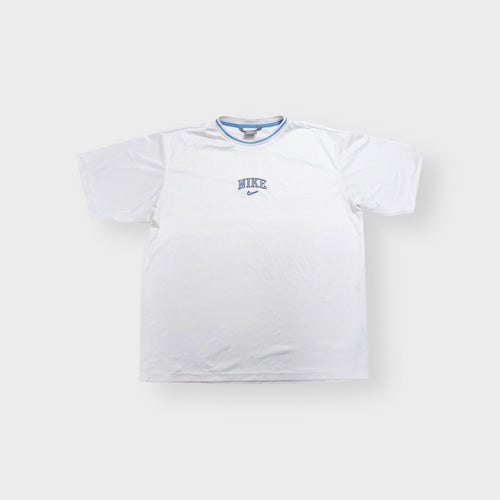 Nike T-Shirt in white featuring blue embroidered central text and swoosh chest logo.
