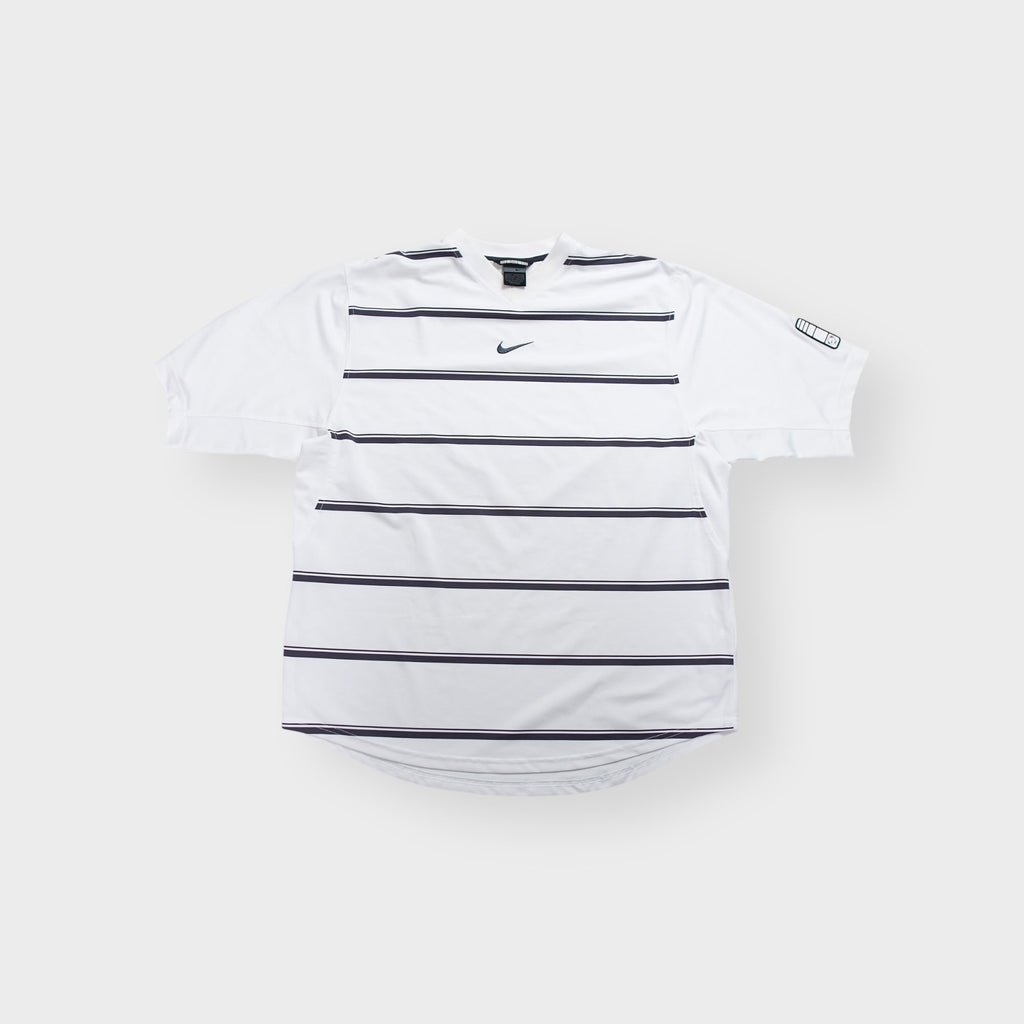 Nike jersey shirt in white and navy featuring horizontal stripes and chest Swoosh logo
