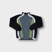 Load image into Gallery viewer, Adidas track jacket in grey and black with yellow three-stripe chest embroidery.