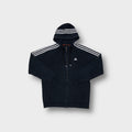 Adidas full-zip hoodie in navy blue with white three stripes across the hood