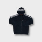 Adidas full-zip hoodie in navy blue with white three stripes across the hood