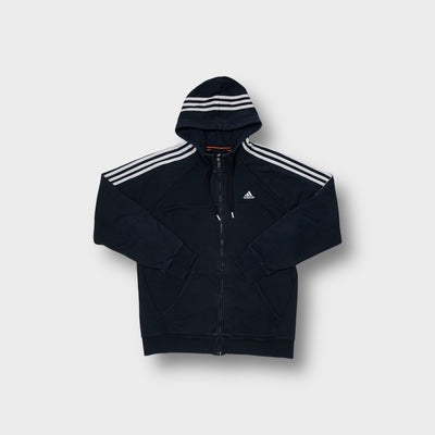 Adidas full-zip hoodie in navy blue with white three stripes across the hood
