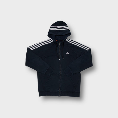 Adidas full-zip hoodie in navy blue with white three stripes across the hood