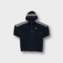 Lade das Bild in den Galerie-Viewer, Adidas full-zip hoodie in navy blue with white three stripes across the hood