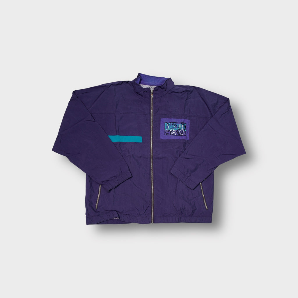 Athlet vintage 90s zip jacket in purple and teal with an embroidered chest patch.