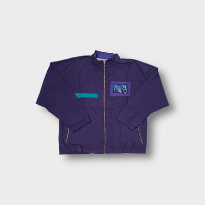 Athlet vintage 90s zip jacket in purple and teal with an embroidered chest patch.