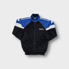 Load image into Gallery viewer, Adidas tracksuit jacket in black, blue, and white with embroidered Trefoil sleeve detail