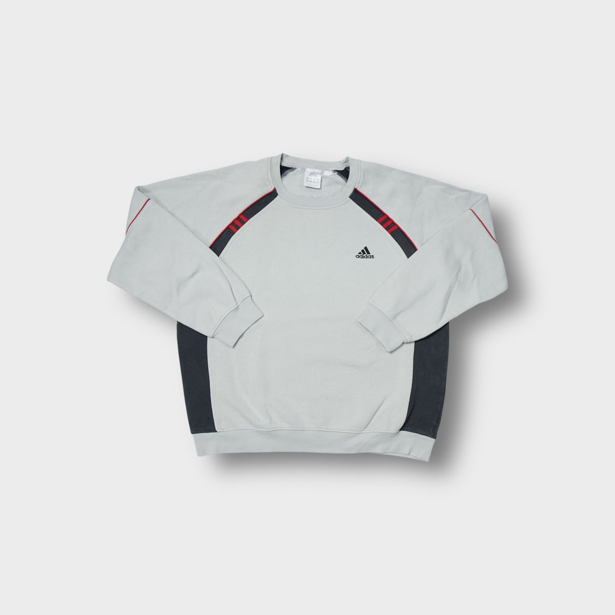 Adidas sweatshirt in grey with black and red diagonal stripes and small chest logo