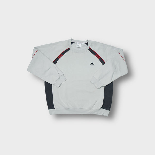 Adidas sweatshirt in grey with black and red diagonal stripes and small chest logo