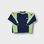 Adidas sweater in navy and lime green with three-stripe sleeve detailing