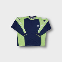 Load image into Gallery viewer, Adidas sweater in navy and lime green with three-stripe sleeve detailing