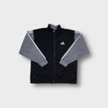 Adidas track jacket in black and grey with small embroidered chest logo and zip front