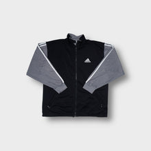 Load image into Gallery viewer, Adidas track jacket in black and grey with small embroidered chest logo and zip front