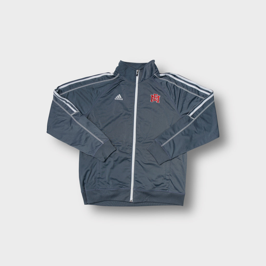 Gray Adidas track jacket with white sleeve stripes and red embroidered NEM chest logo