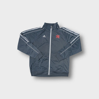 Gray Adidas track jacket with white sleeve stripes and red embroidered NEM chest logo