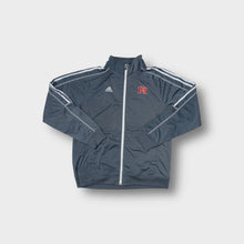 Lade das Bild in den Galerie-Viewer, Gray Adidas track jacket with white sleeve stripes and red embroidered NEM chest logo