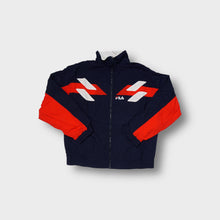 Load image into Gallery viewer, Fila track jacket in navy blue with red and white geometric chest paneling