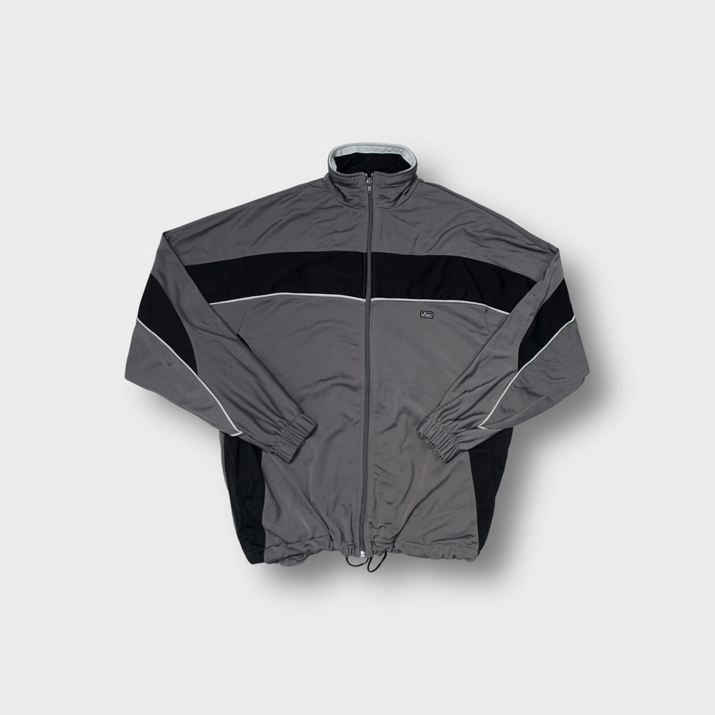 Asics track jacket in gray and black featuring white piping and chest logo patch