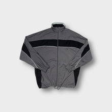 Load image into Gallery viewer, Asics track jacket in gray and black featuring white piping and chest logo patch