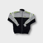 Kappa track jacket in grey, black, and neon yellow with embroidered chest logo