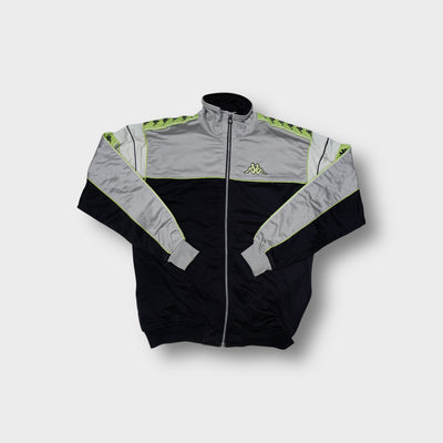 Kappa track jacket in grey, black, and neon yellow with embroidered chest logo
